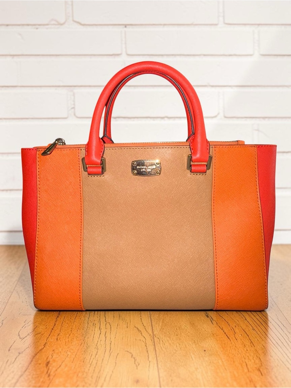 Michael Kors Orange, Tan and Red Colorblock Saffiano Leather Satchel